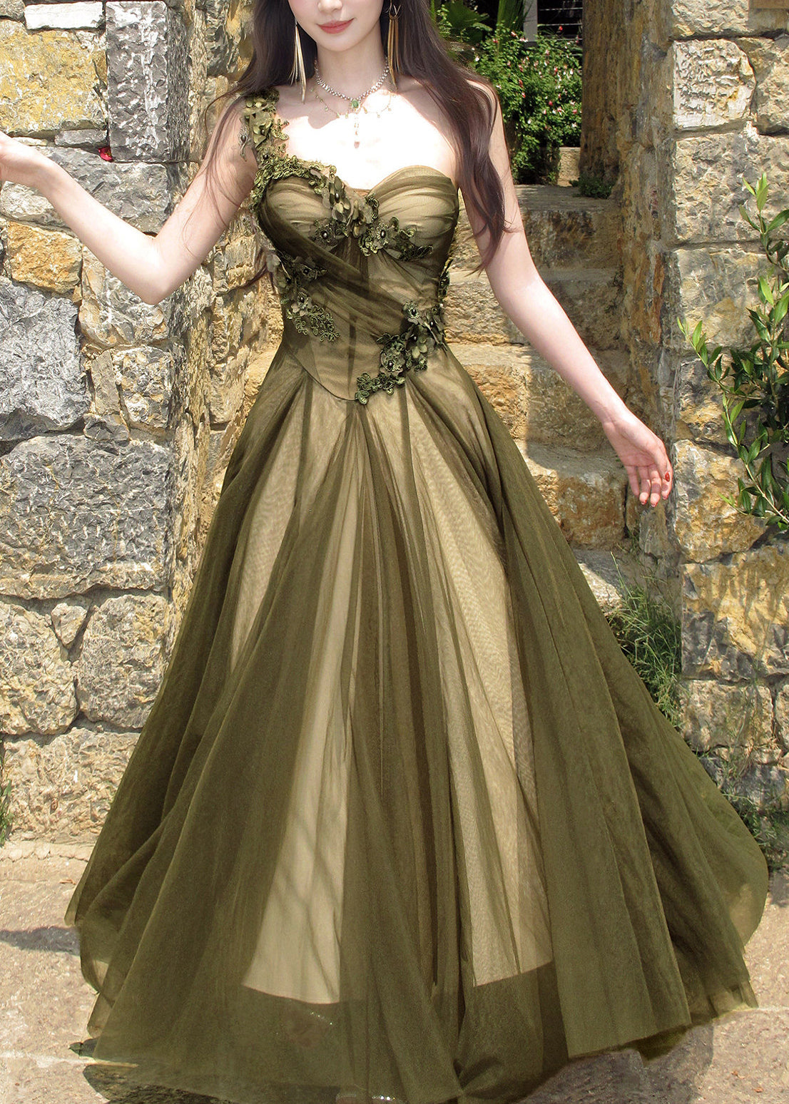 French Green Floral Patchwork Tulle Long Spaghetti Strap Dress Sleeveless