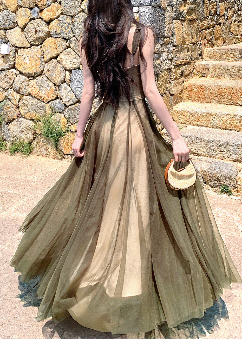 French Green Floral Patchwork Tulle Long Spaghetti Strap Dress Sleeveless