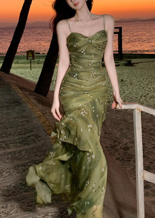 French Green Print Wrinkled Maxi Spaghetti Strap Dress Summer