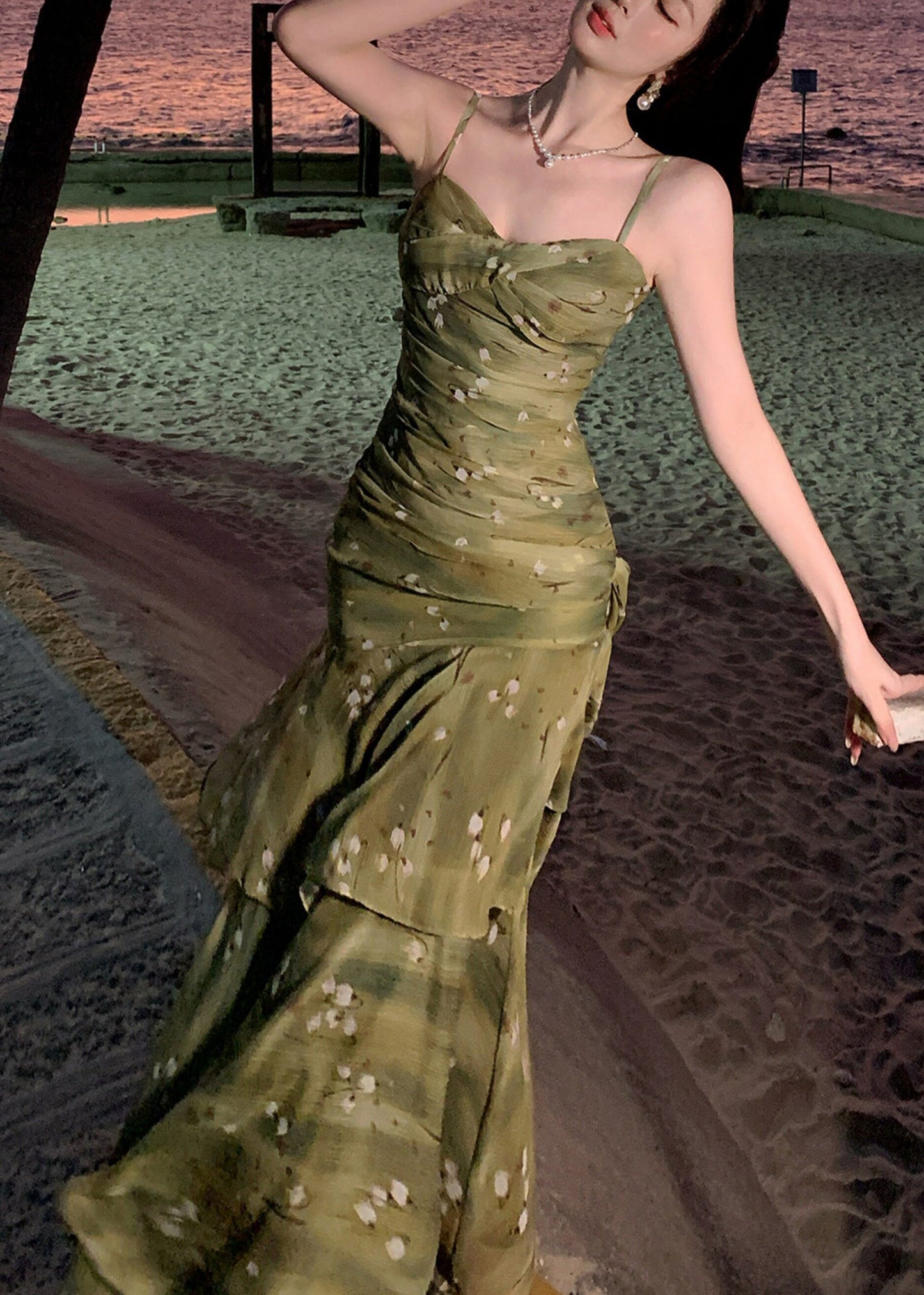French Green Print Wrinkled Maxi Spaghetti Strap Dress Summer