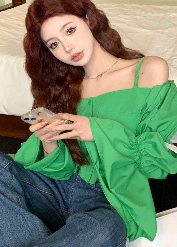 French Green Puff Sleeve Slash Neck Cotton Shirt Summer