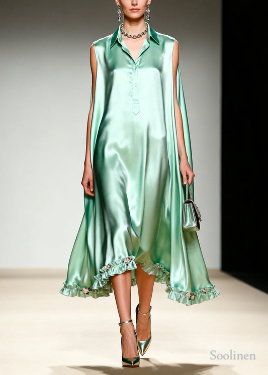 French Green Ruffled Oversized Draping Silk Holiday Dress Summer