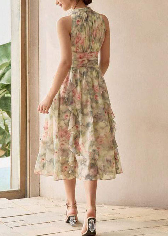 French Green Ruffled Print Chiffon Dresses Sleeveless