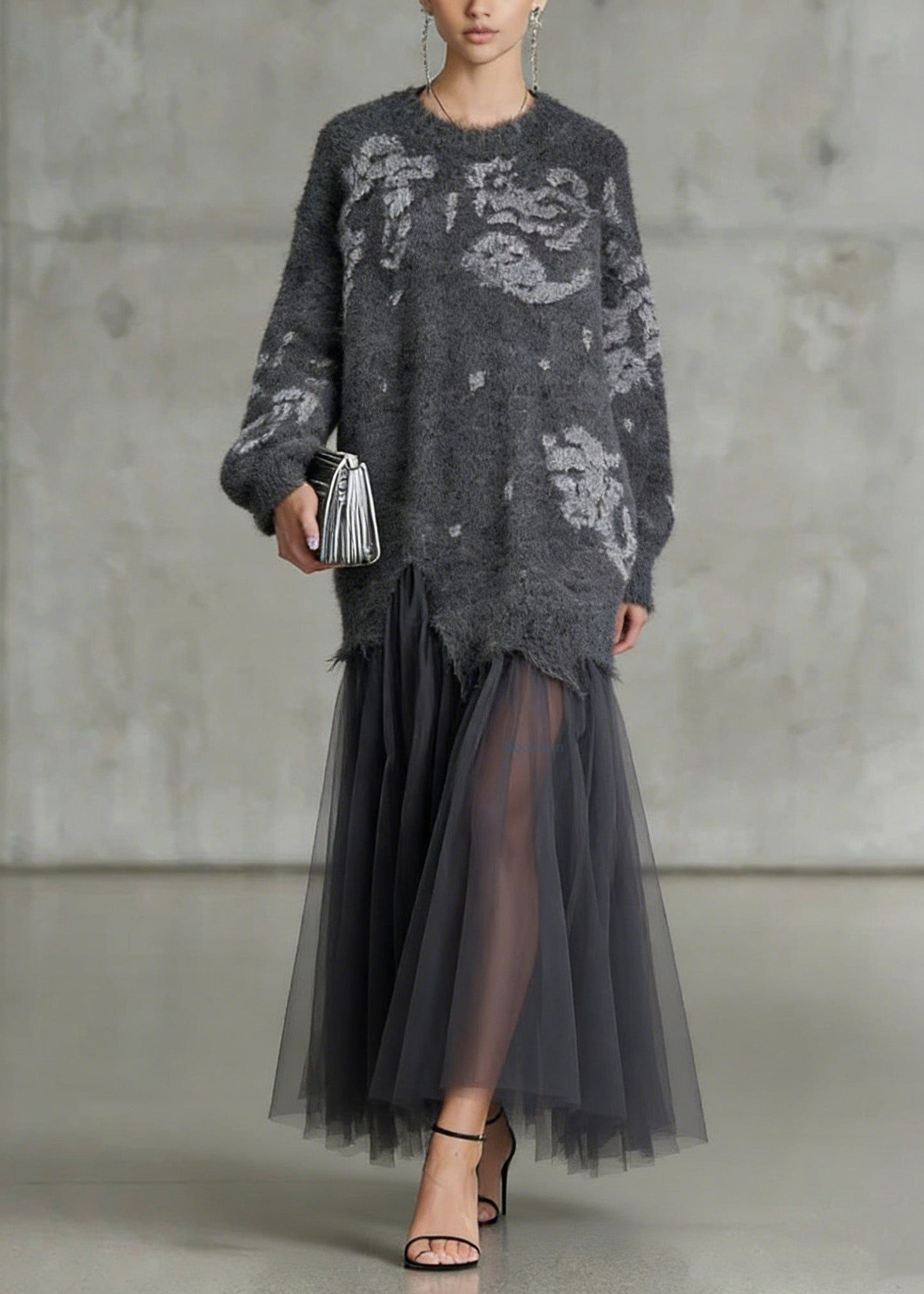 French Grey O Neck Tulle Patchwork Knit Dress Spring