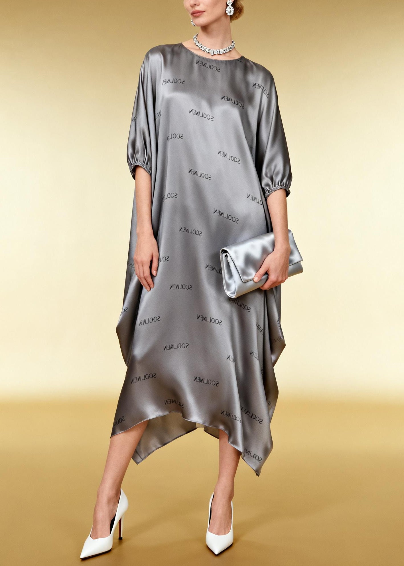 French Grey Oversized Print Silk Long Dresses Summer