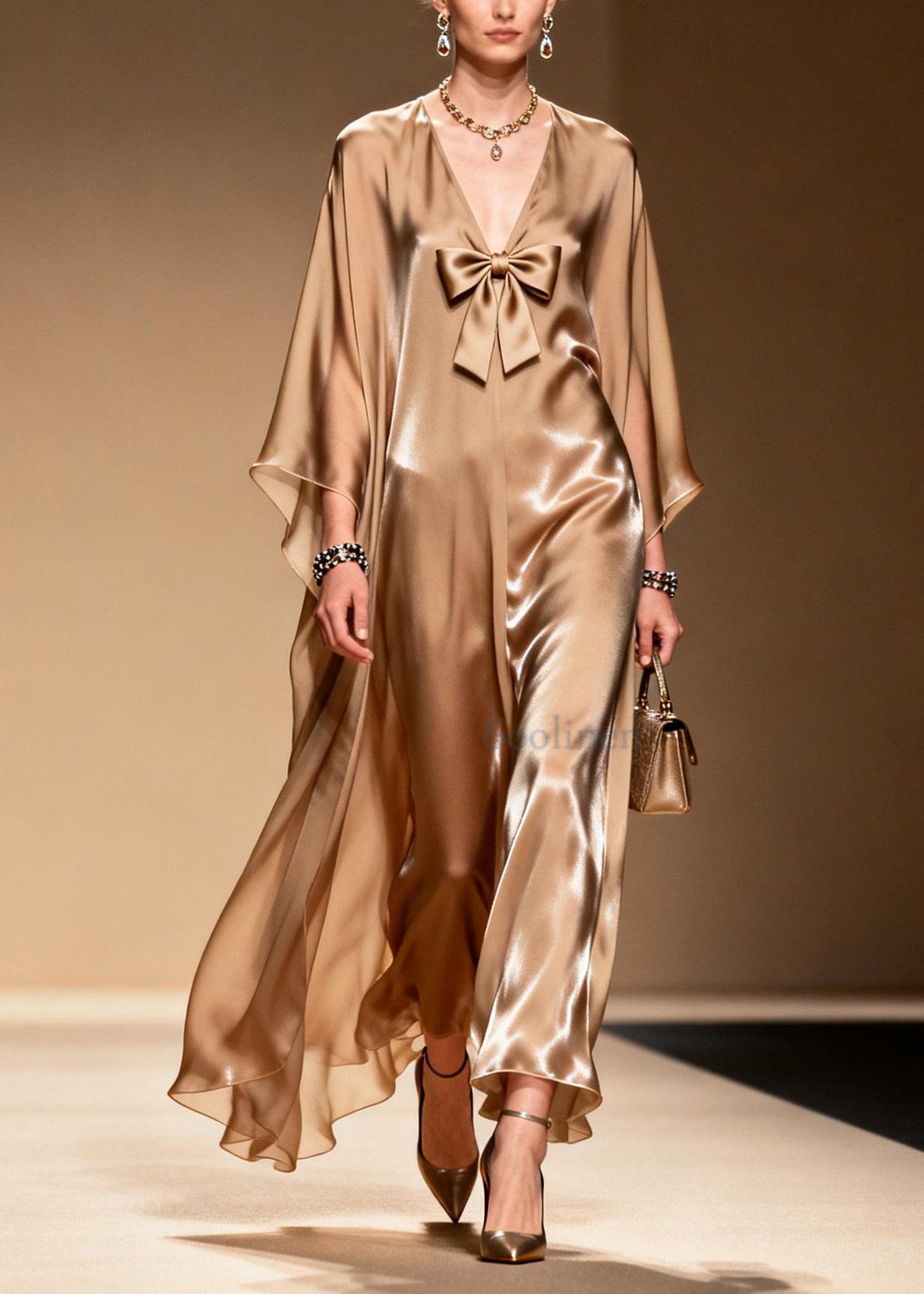 French Khaki V Neck Bow Chiffon Maxi Dress Summer