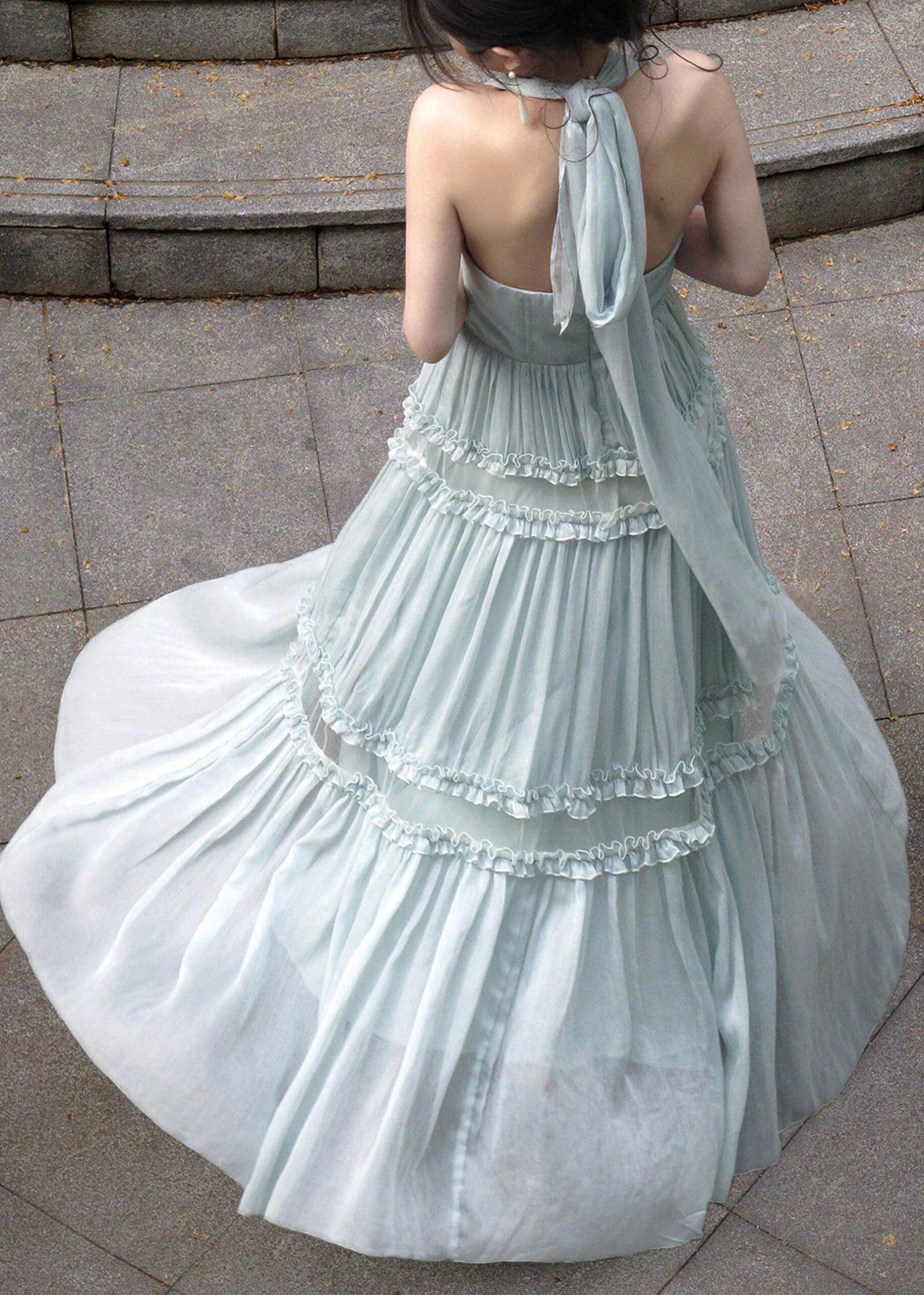 French Light Green Halter Ruffled Wrinkled Tulle Long Dresses Sleeveless