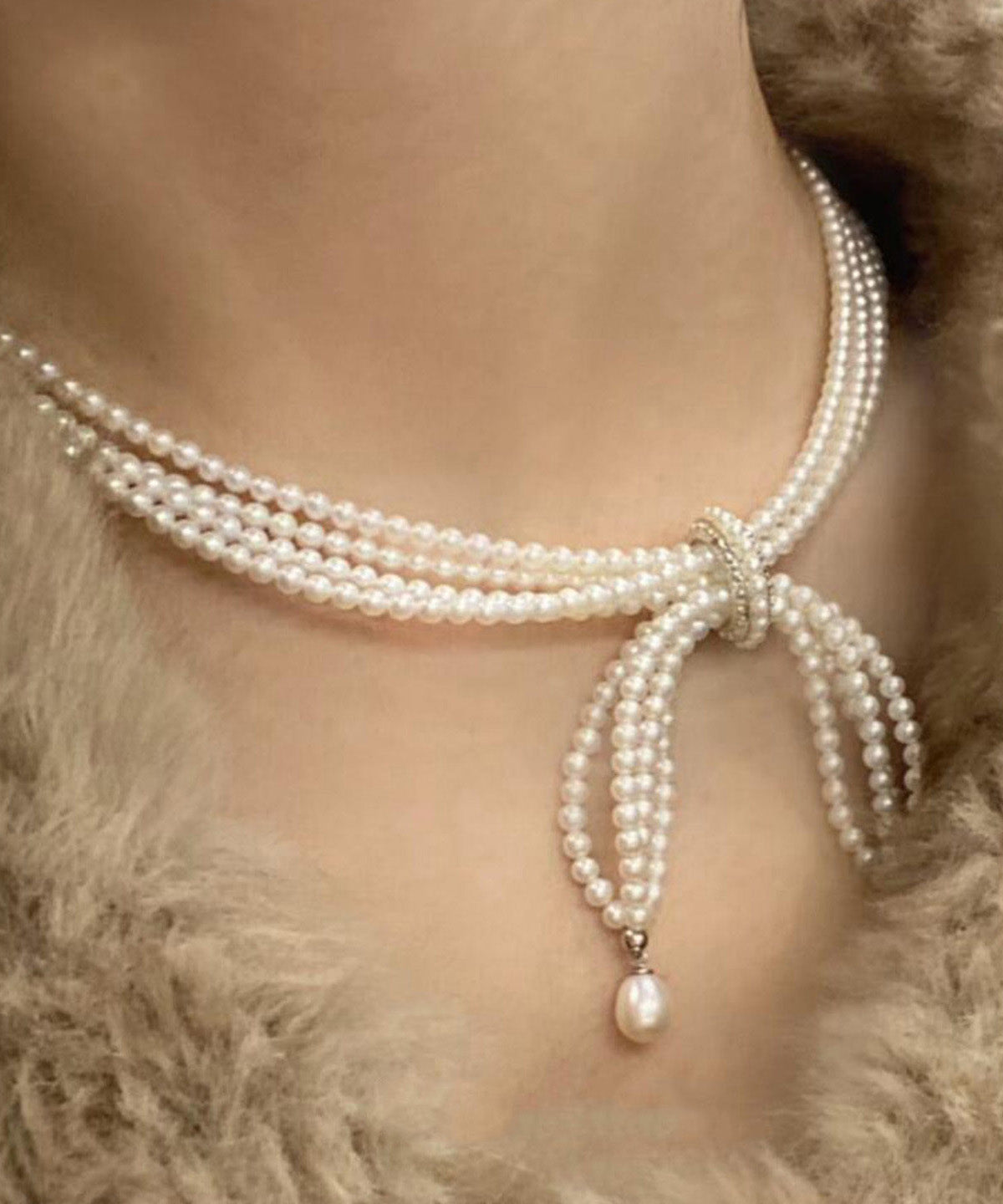 French Multi-Layered Bow Pearl Necklace