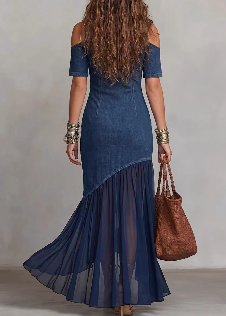 French Navy Cold Shoulder Patchwork Tulle Denim Dress Half Sleeve