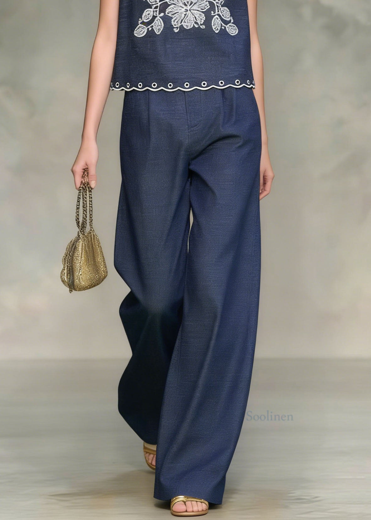 French Navy Embroidered Denim Two Pieces Set Sleeveless