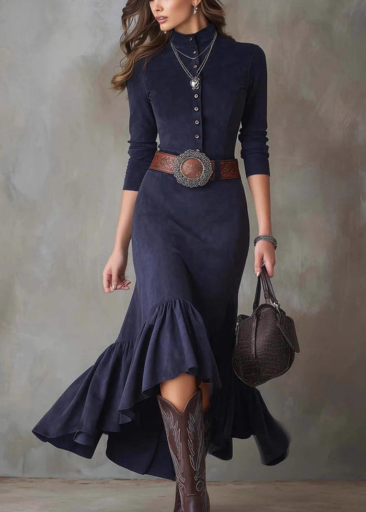 French Navy Wrinkled Button Solid Faux Suede Long Dress Spring