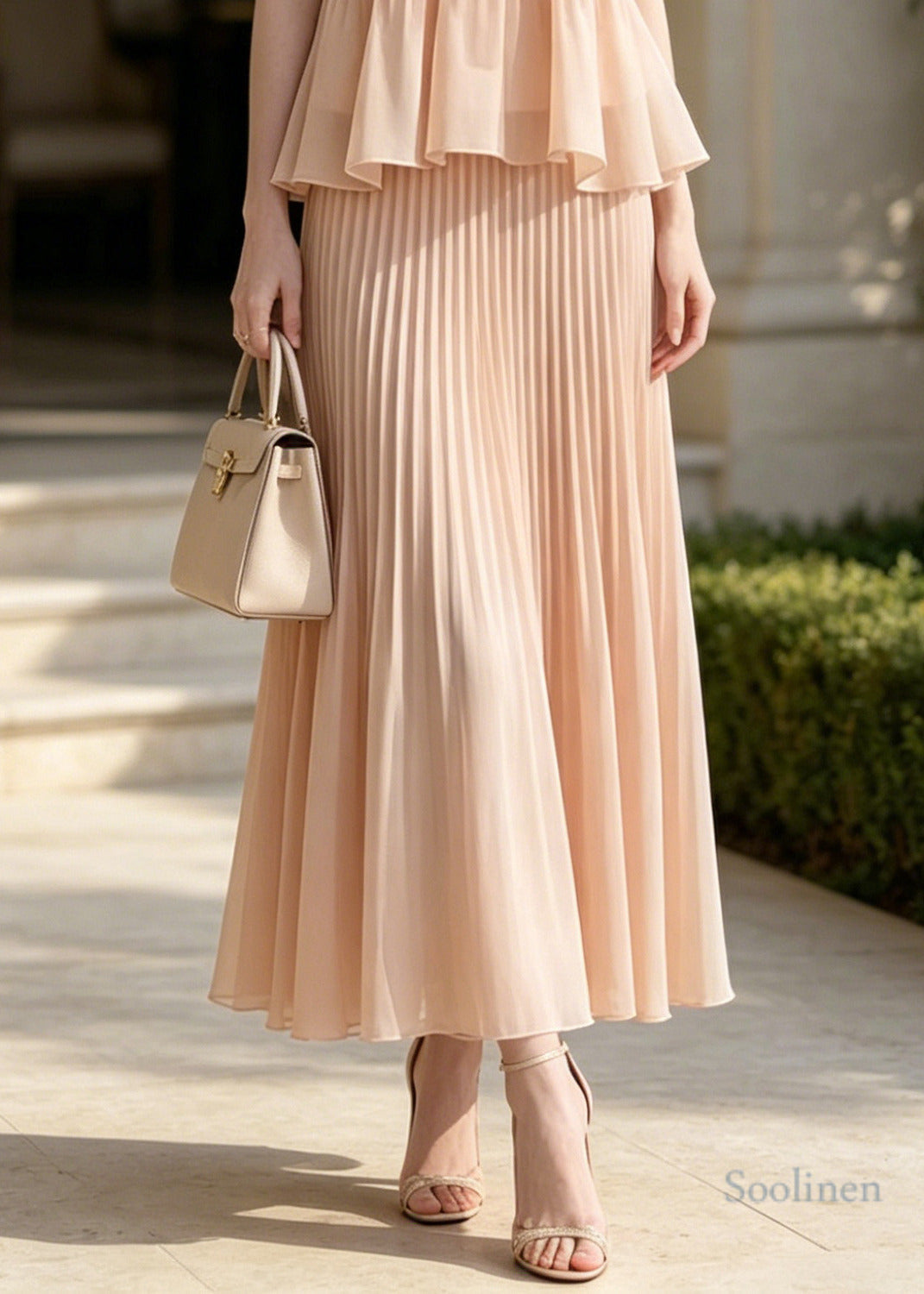 French Nude Ruffled Wrinkled Chiffon Two Pieces Set Sleeveless