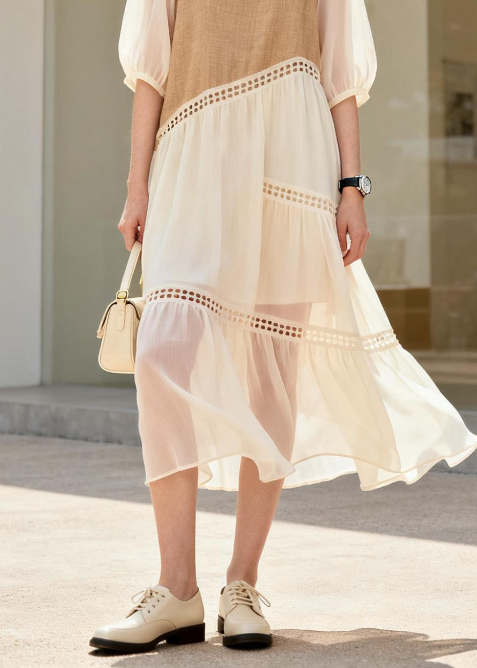 French O Neck Hollow Out Patchwork Cotton Dress Summer