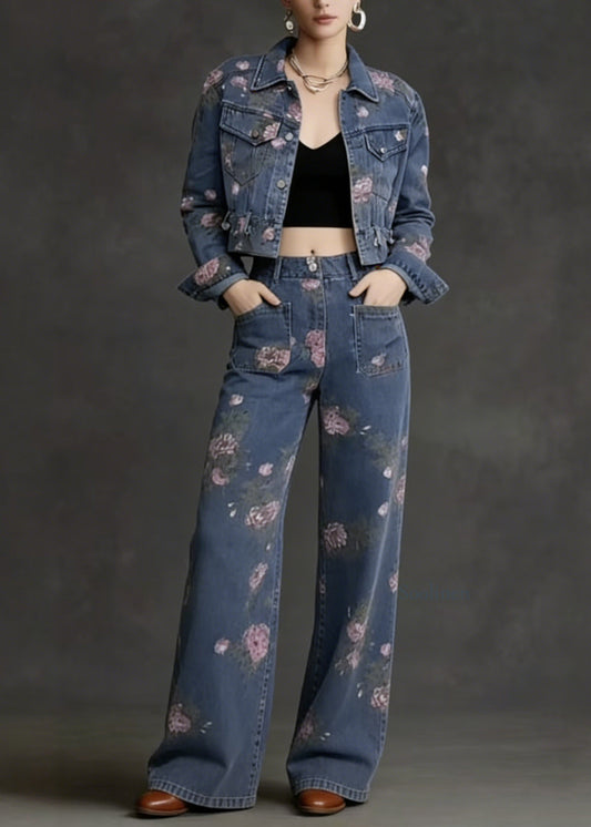 Conjunto de dos piezas de mezclilla con estampado y cuello estilo Peter Pan, estilo francés, para primavera
