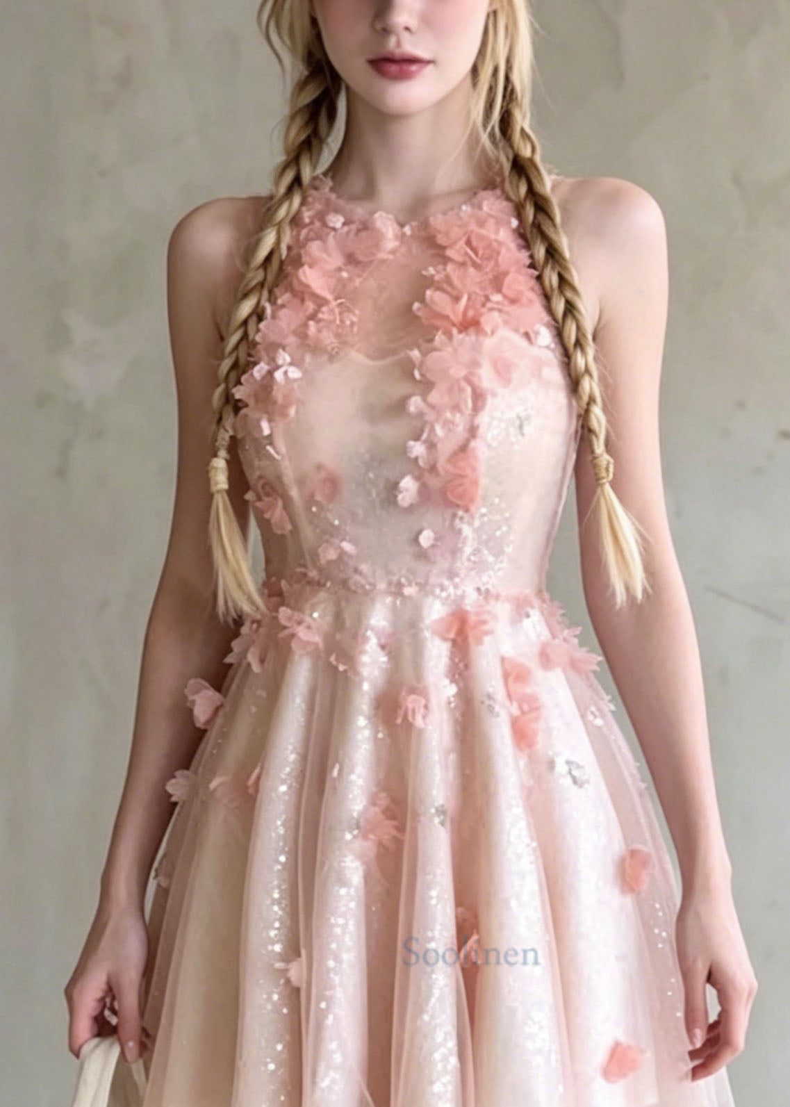 French Pink O Neck Floral Wrinkled Tulle Dress Summer