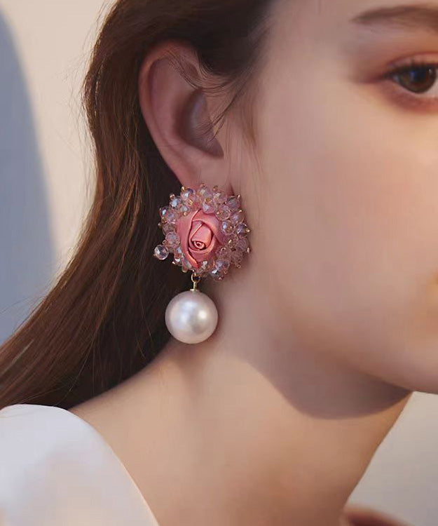 French Pink Rose Crystal Pearl Stud Earrings
