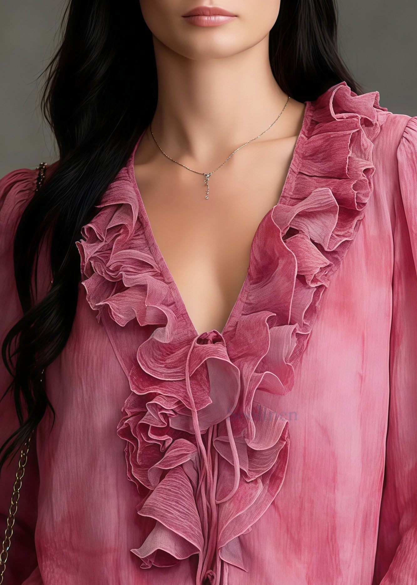 French Pink Ruffled Tie Dye Chiffon Shirt Top Spring