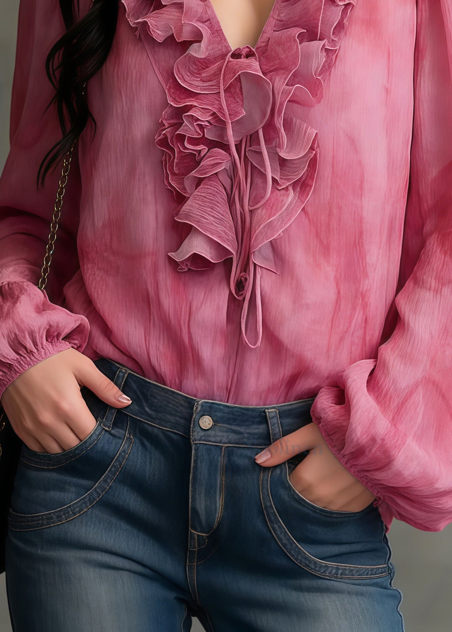 French Pink Ruffled Tie Dye Chiffon Shirt Top Spring