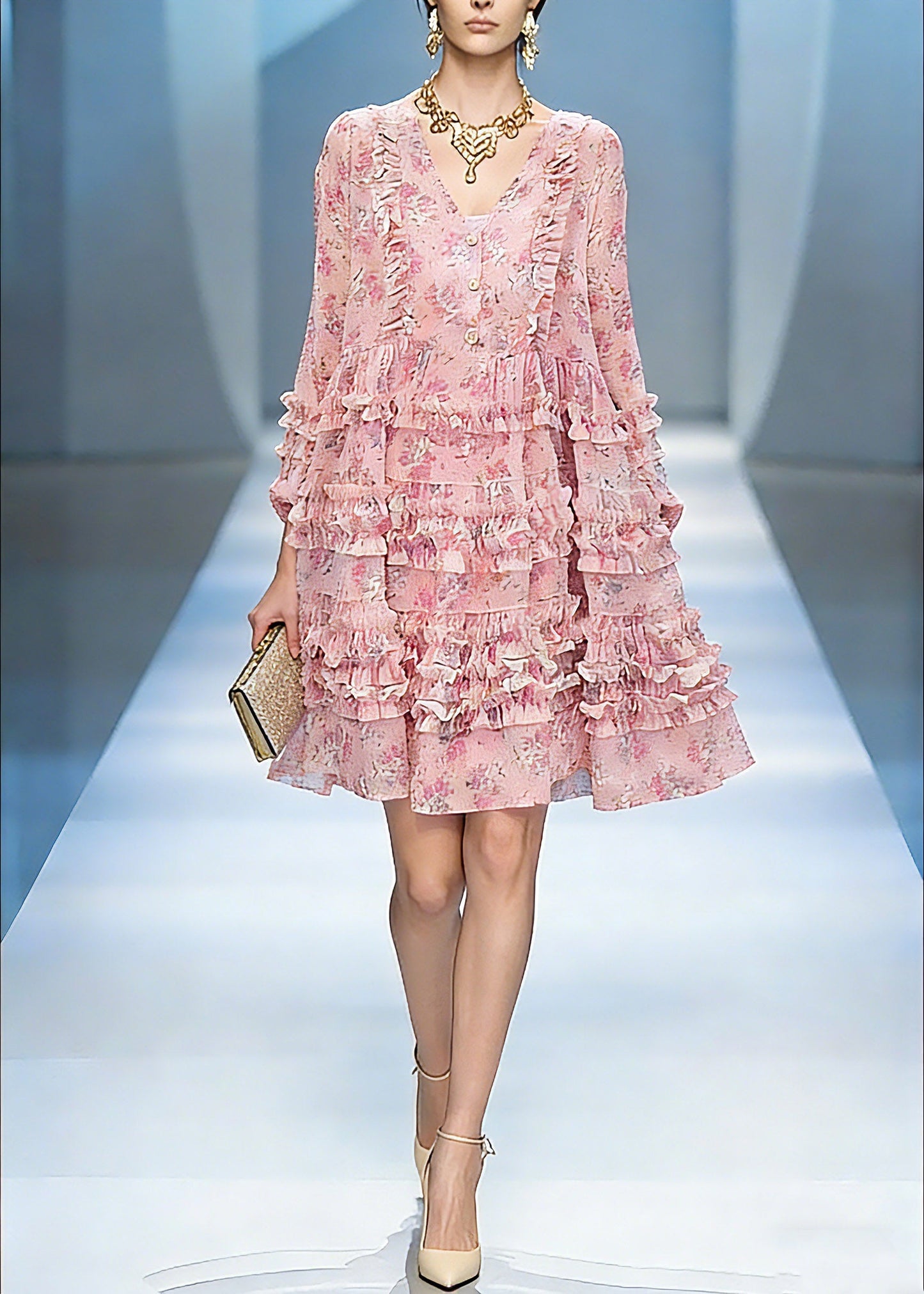 French Pink V Neck Long Cake Dress Lantern Sleeve
