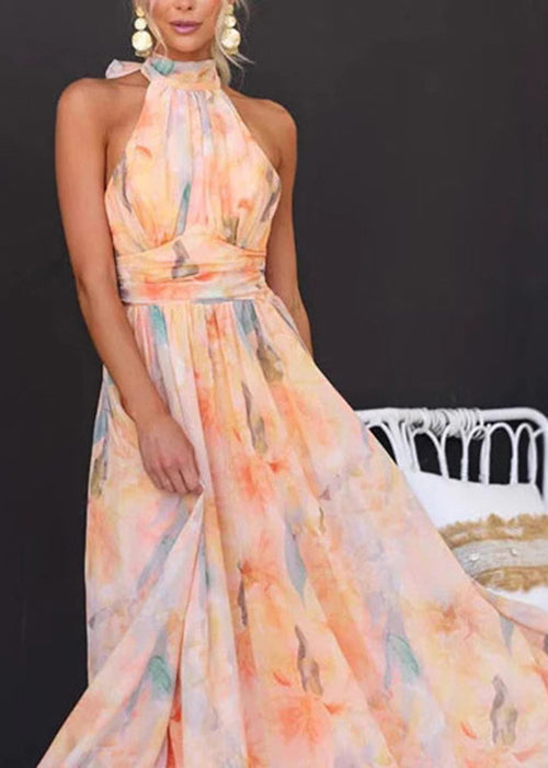 French Print Wrinkled Chiffon Vacation Dress Sleeveless
