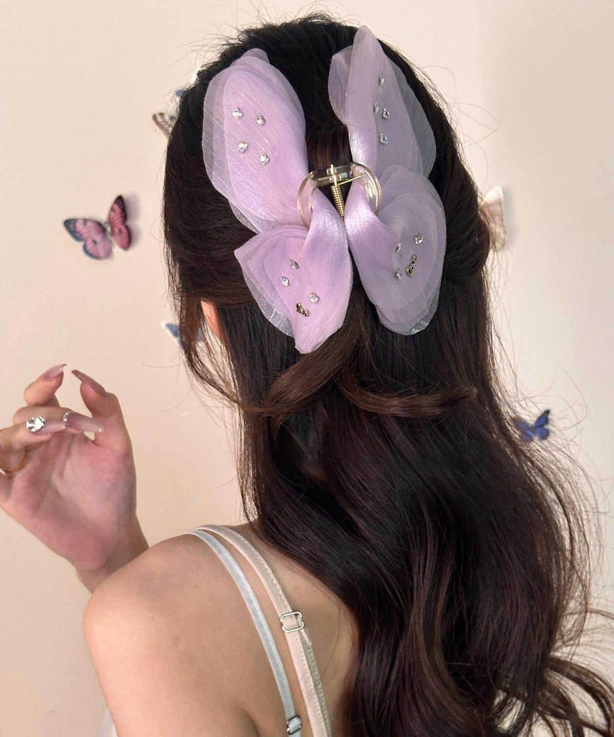 French Purple Alloy Zircon Tulle Butterfly Hairpin