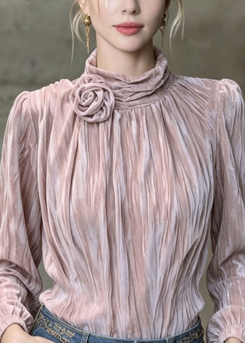 French Purple Floral Wrinkled Velour Shirt Top Spring