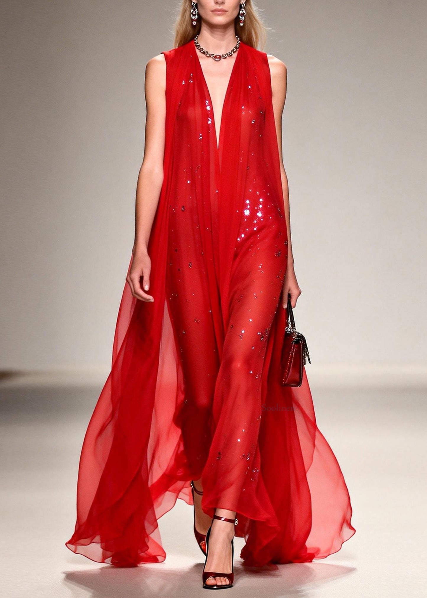 French Red V Neck Zircon Patchwork Chiffon Ankle Dress Sleeveless