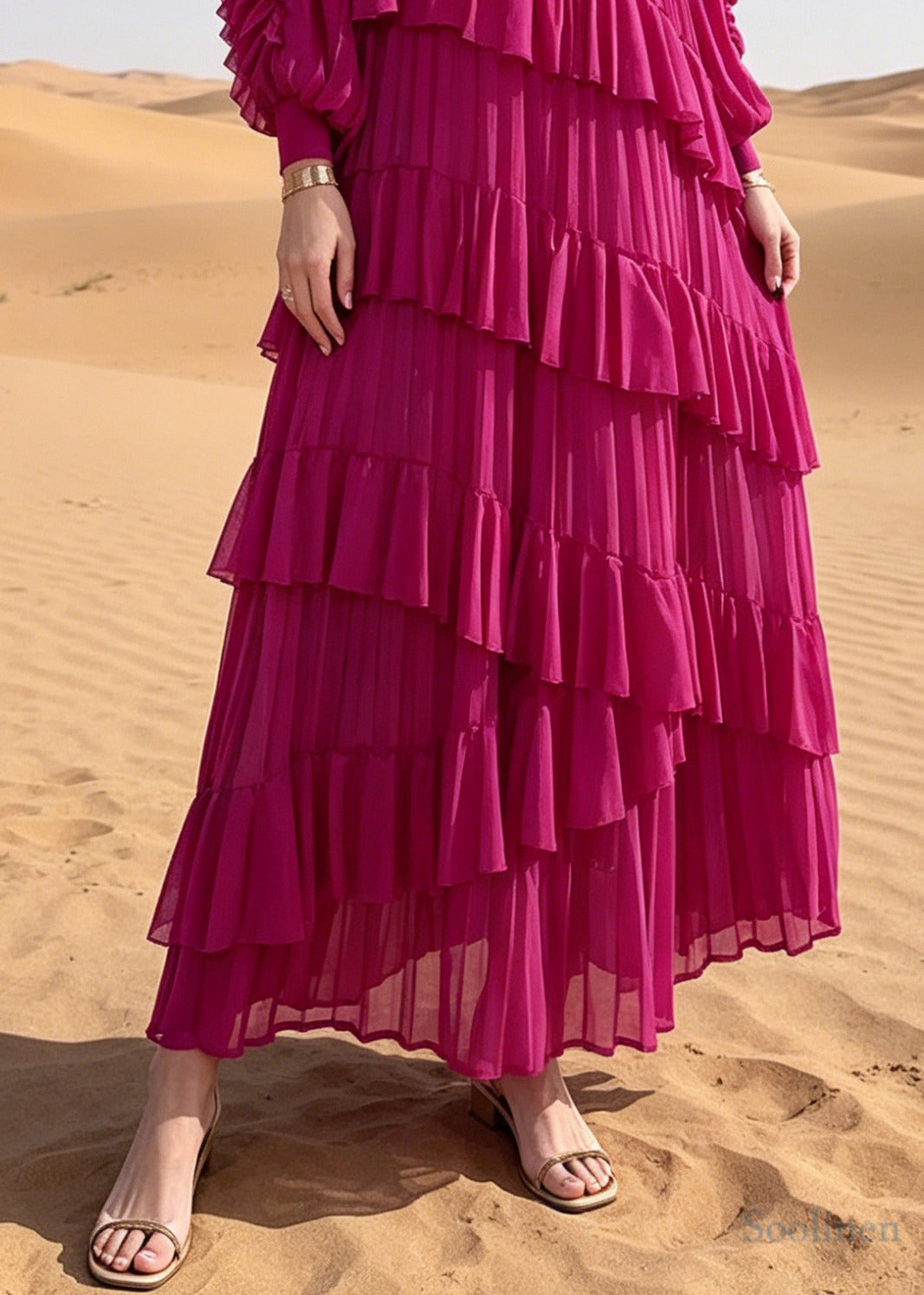 French Rose Oversized Ruffles Chiffon Maxi Dresses Summer