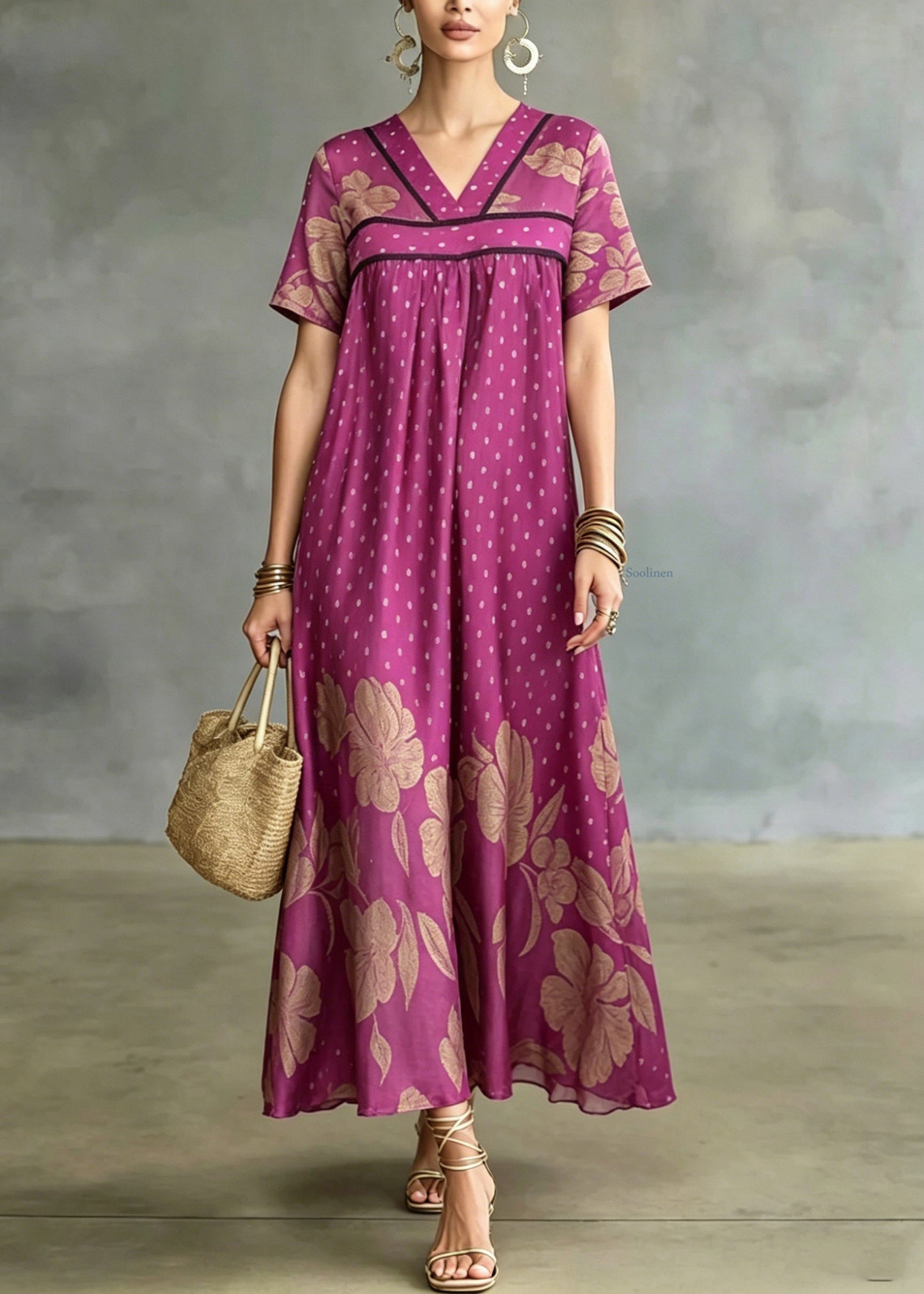 French Rose Print Wrinkled Ice Silk Maxi Dresses Summer