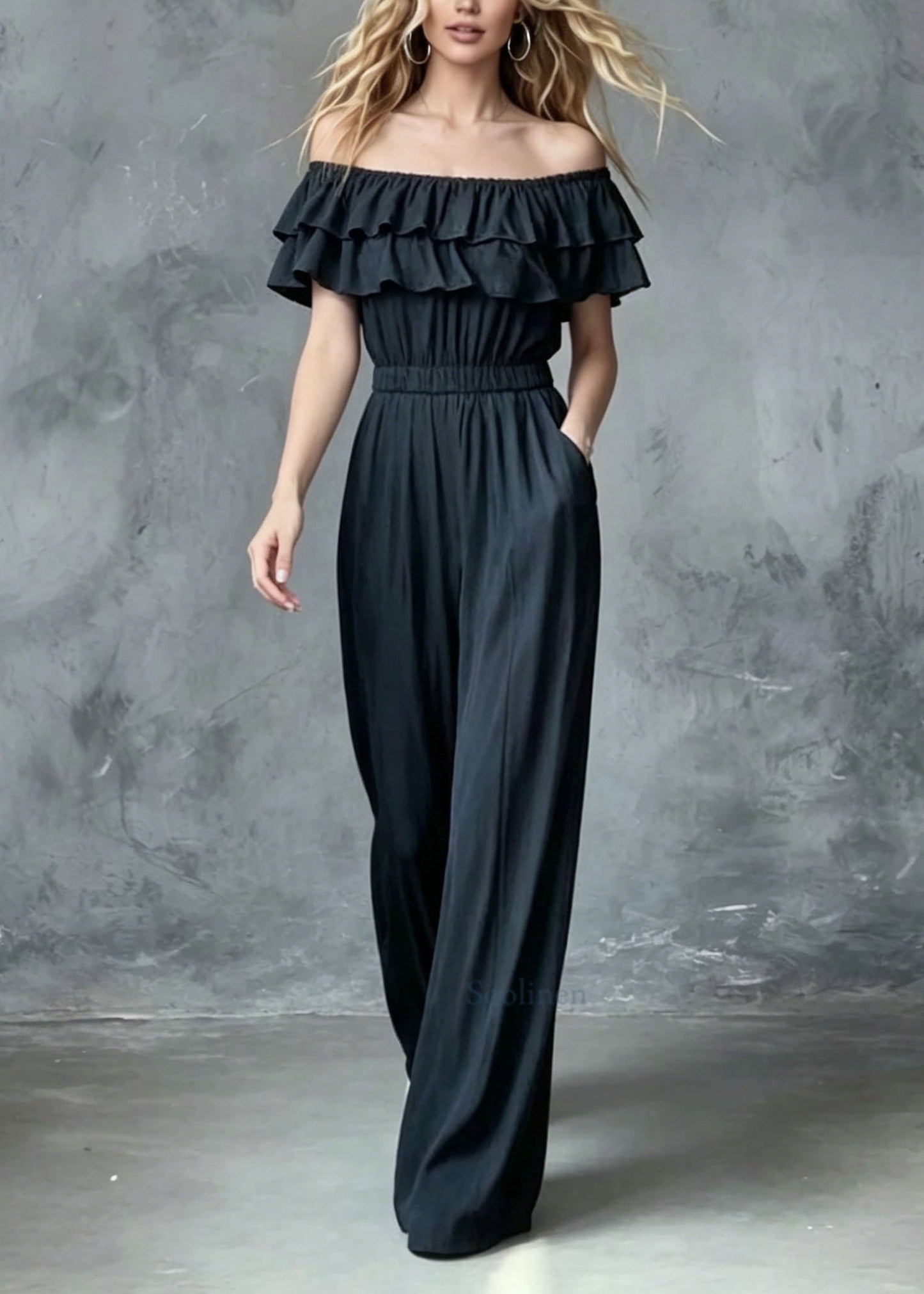 French Slash Neck Ruffled Patchwork Cotton Jumpsuit Summer