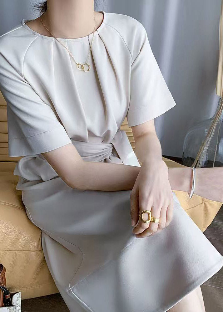 French Tie Waist Solid Long Dress Short Sleeve