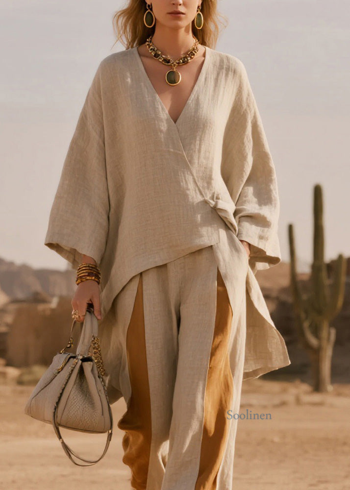 French V Neck Asymmetrical Patchwork Linen Two-Piece Set Spring