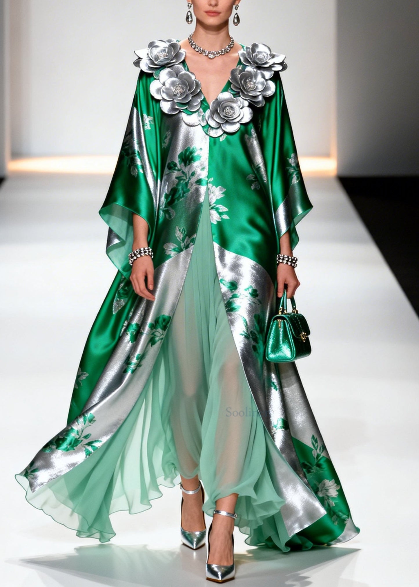 French V Neck Floral Decorated Chiffon Robe Dresses Summer
