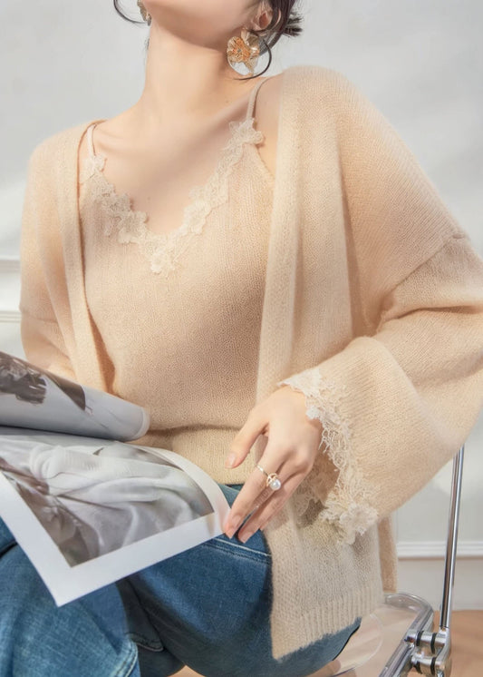 Conjunto de dos piezas de punto con encaje y cuello en V estilo francés para primavera