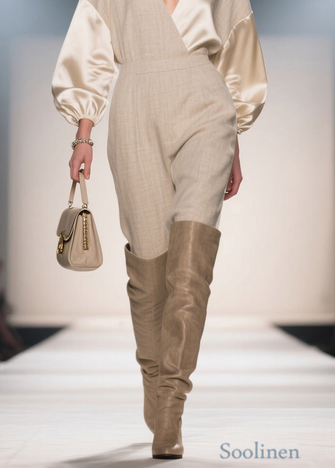 French V Neck Patchwork Linen Silk Jumpsuits Spring