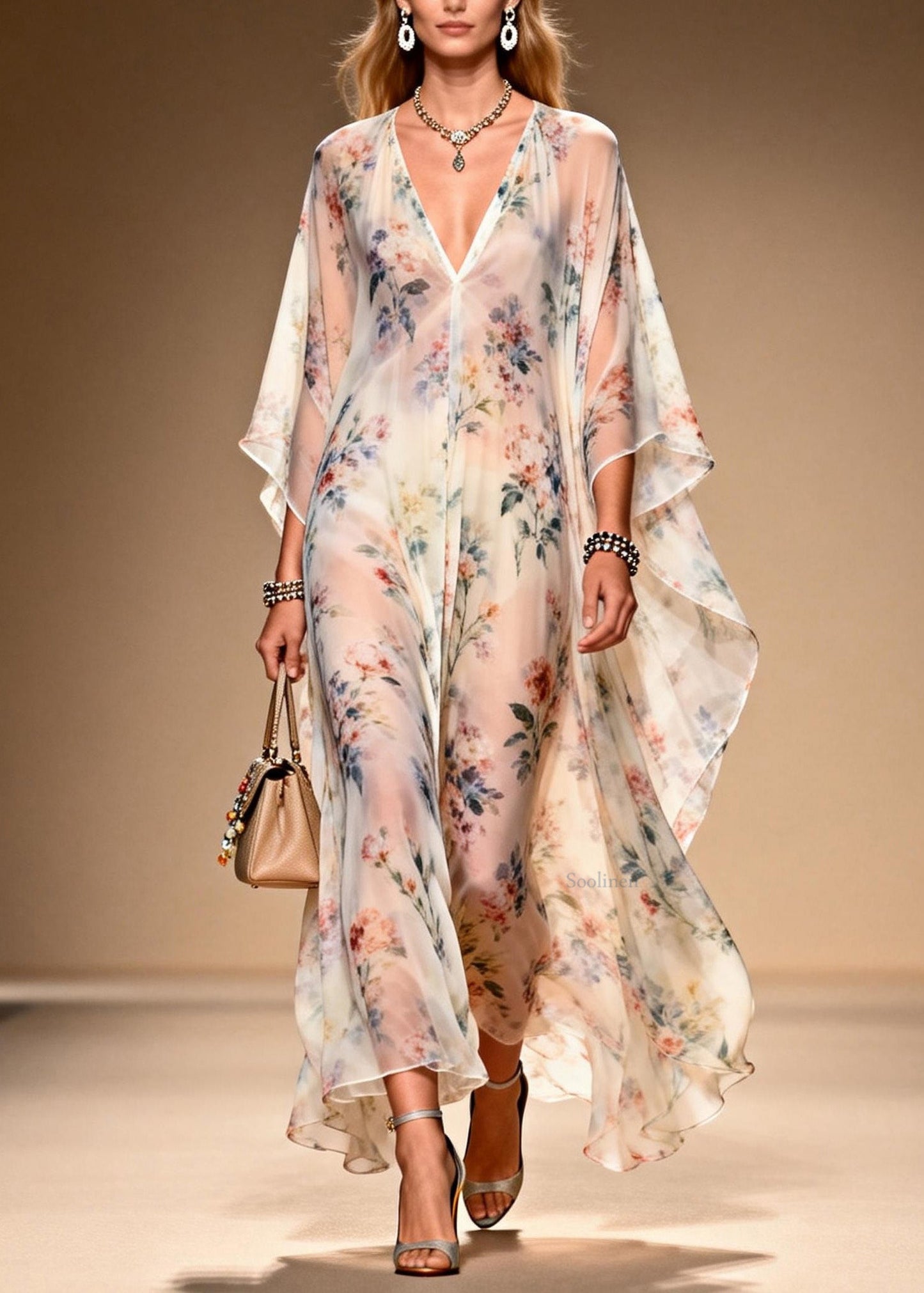 French V Neck Print Chiffon Long Dresses Summer