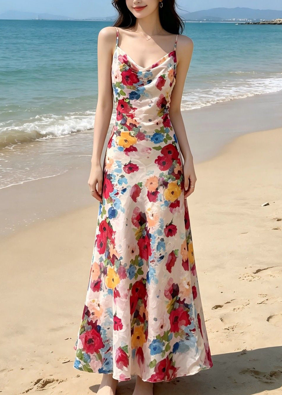 French V Neck Print Chiffon Long Spaghetti Strap Dress Sleeveless