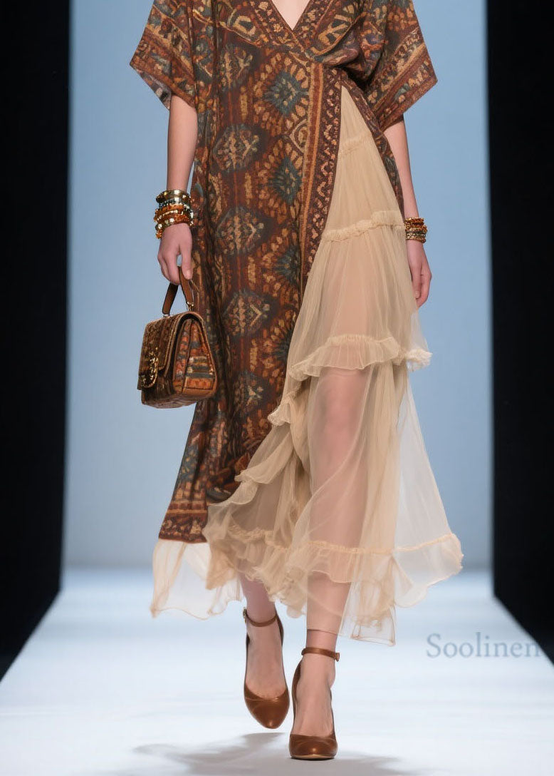 French V Neck Print Ruffled Patchwork Cotton Dress Summer