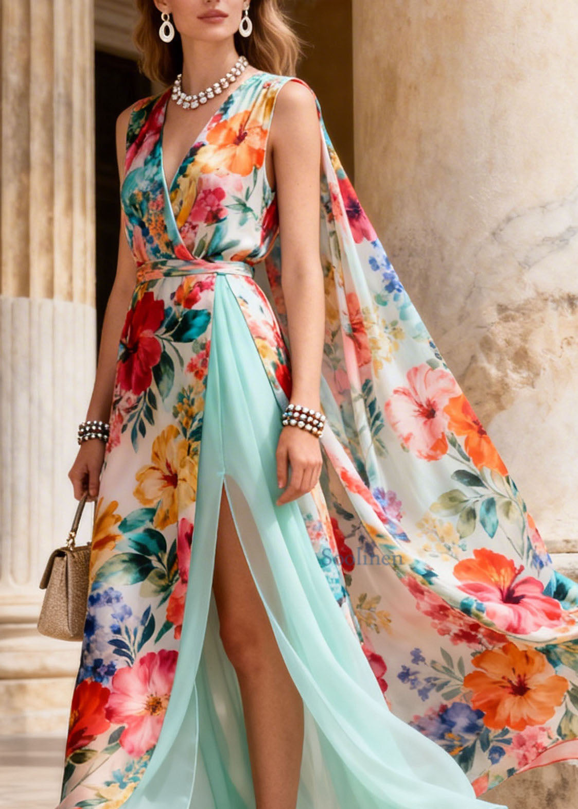 French V Neck Print Side Open Patchwork Chiffon Dresses Summer