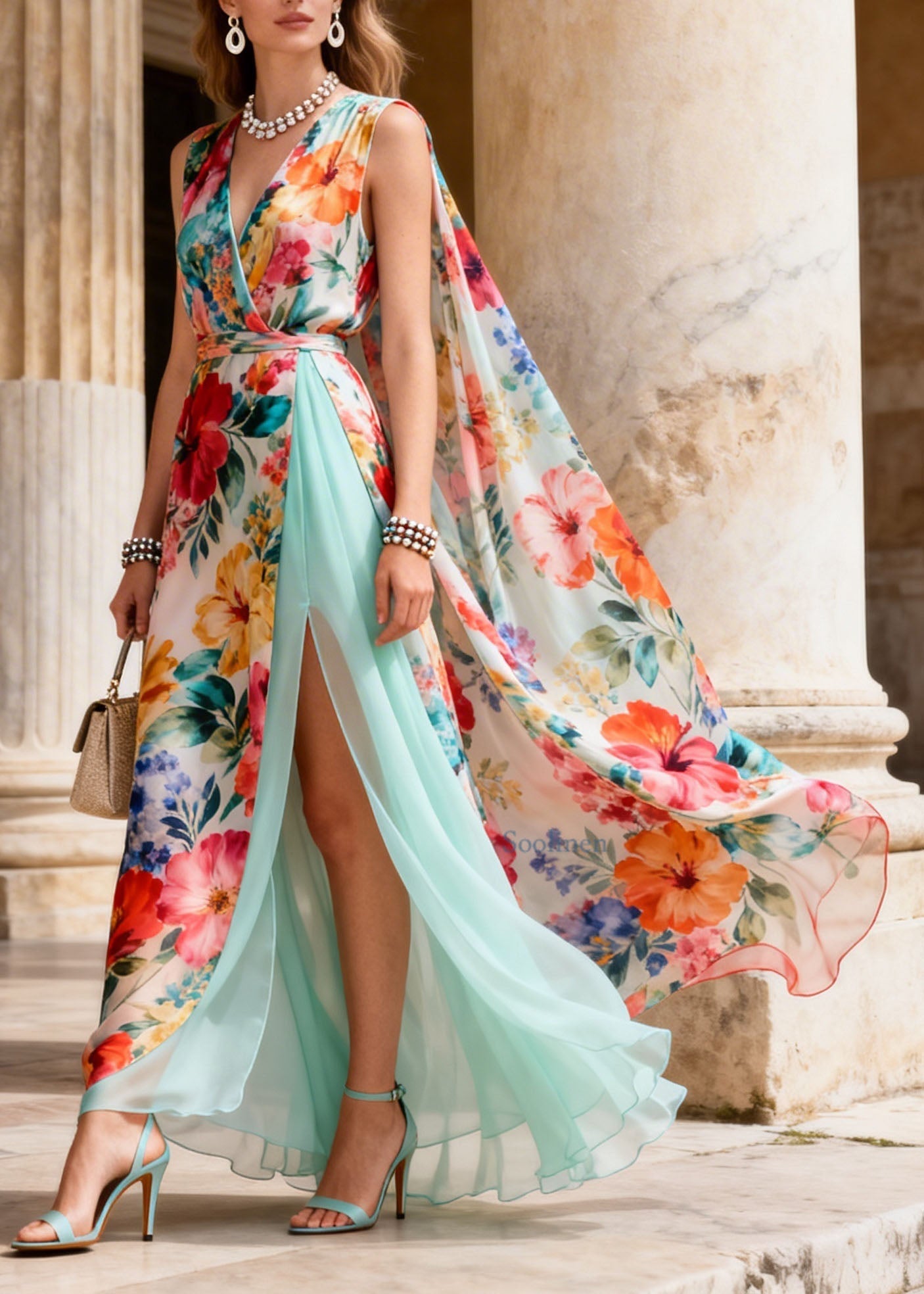 French V Neck Print Side Open Patchwork Chiffon Dresses Summer