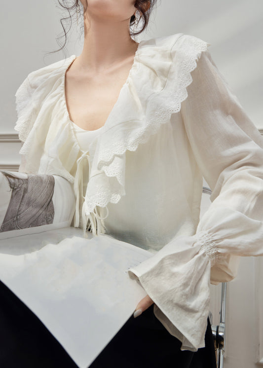 Conjunto de dos piezas de primavera: blusa francesa con cuello en V y volantes y falda larga