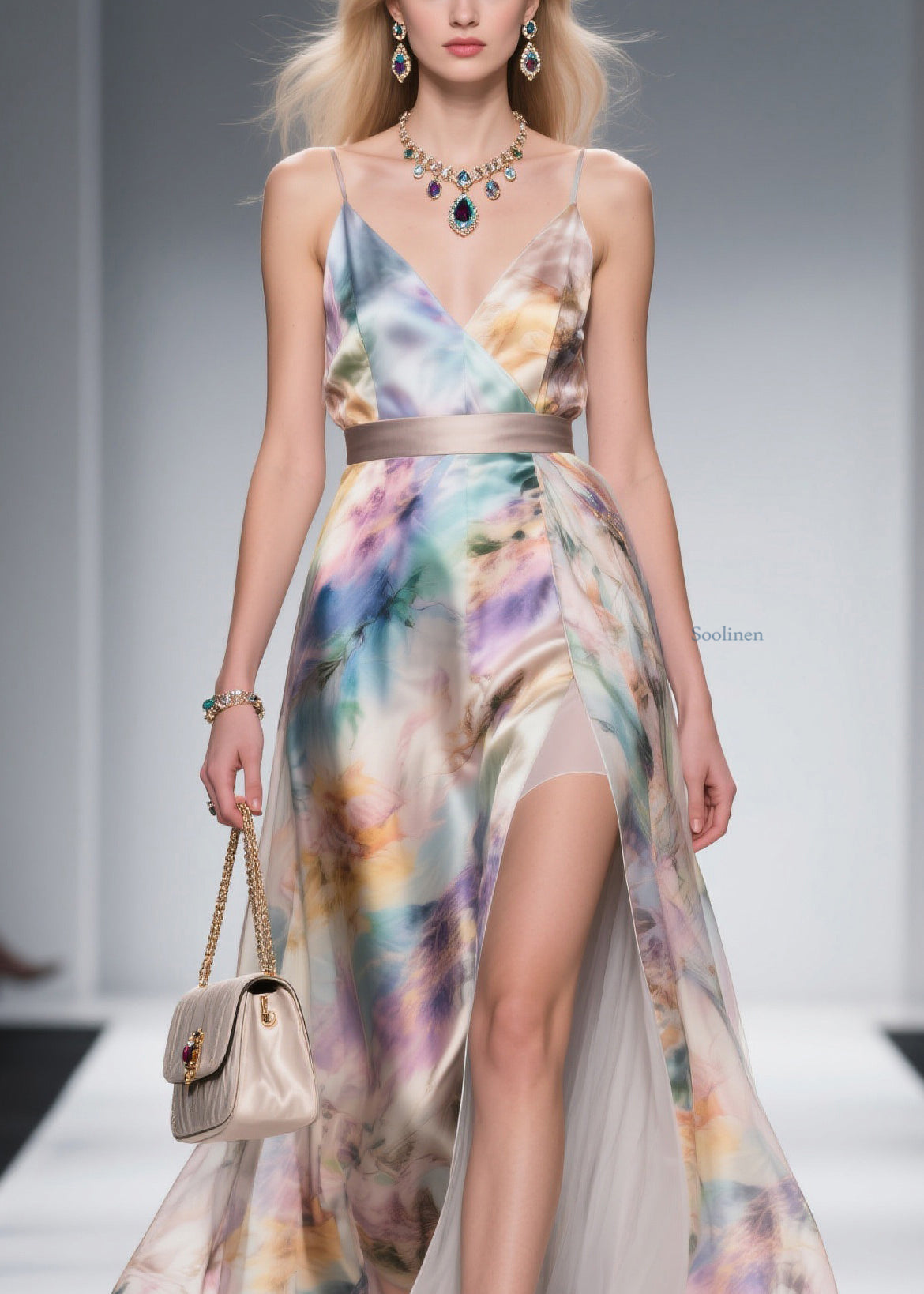 French V Neck Side Open Silk Maxi Spaghetti Strap Dress Summer