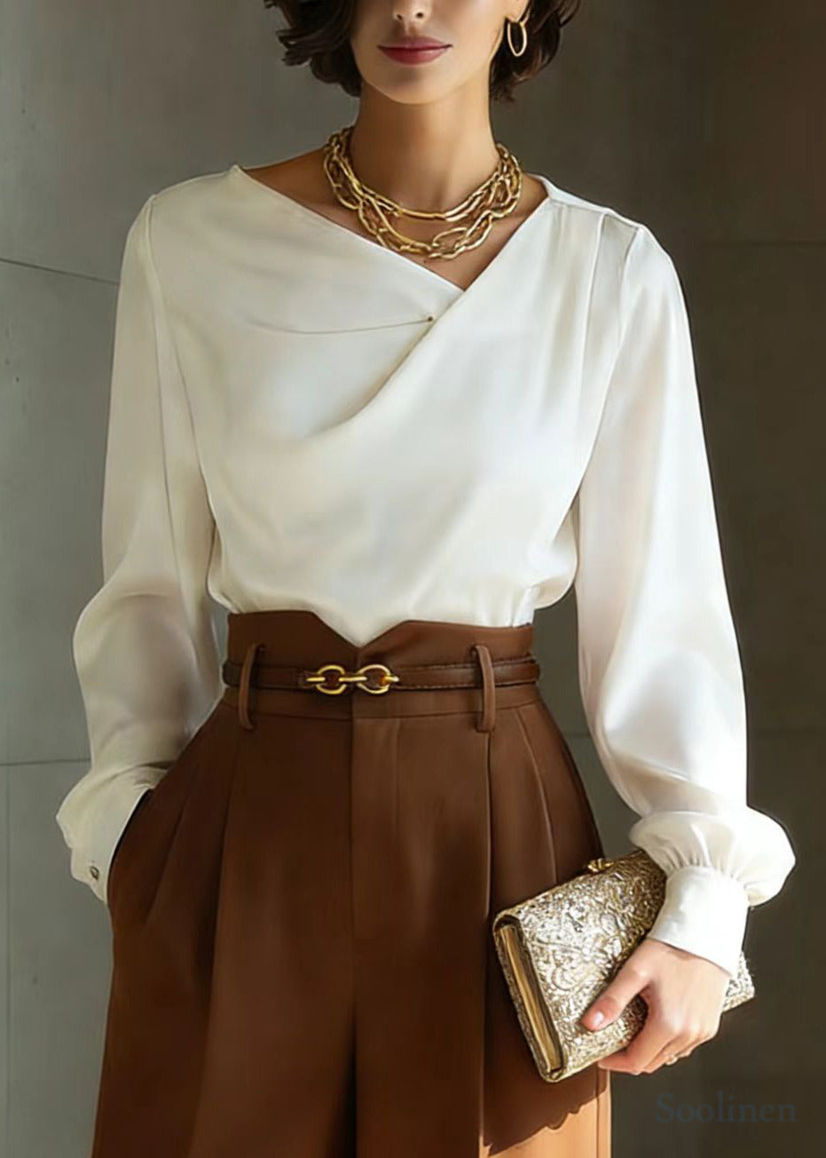 French White Asymmetrical Draping Silk Blouse Top Spring