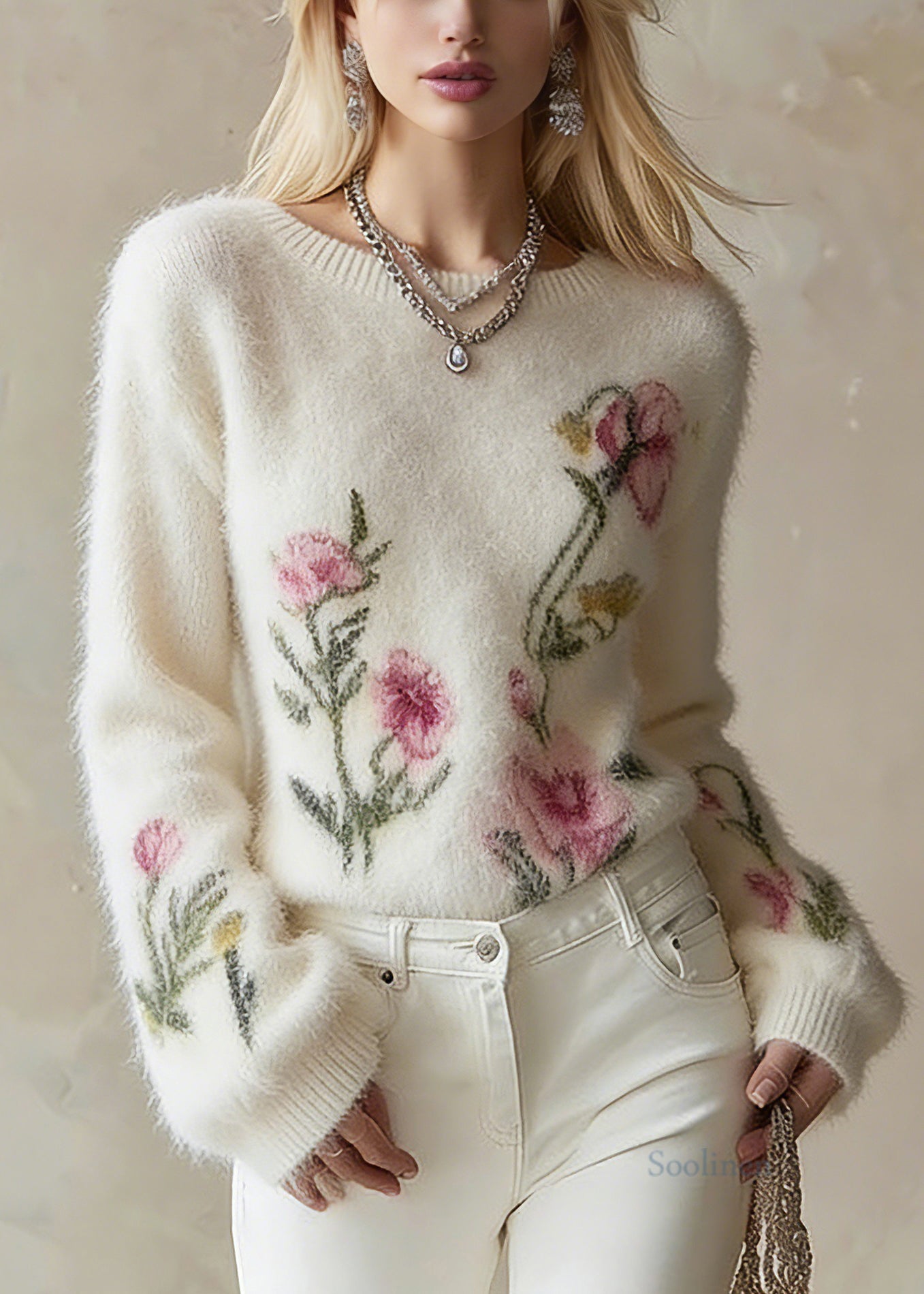 French White Floral Cotton Knit Sweater Lantern Sleeve