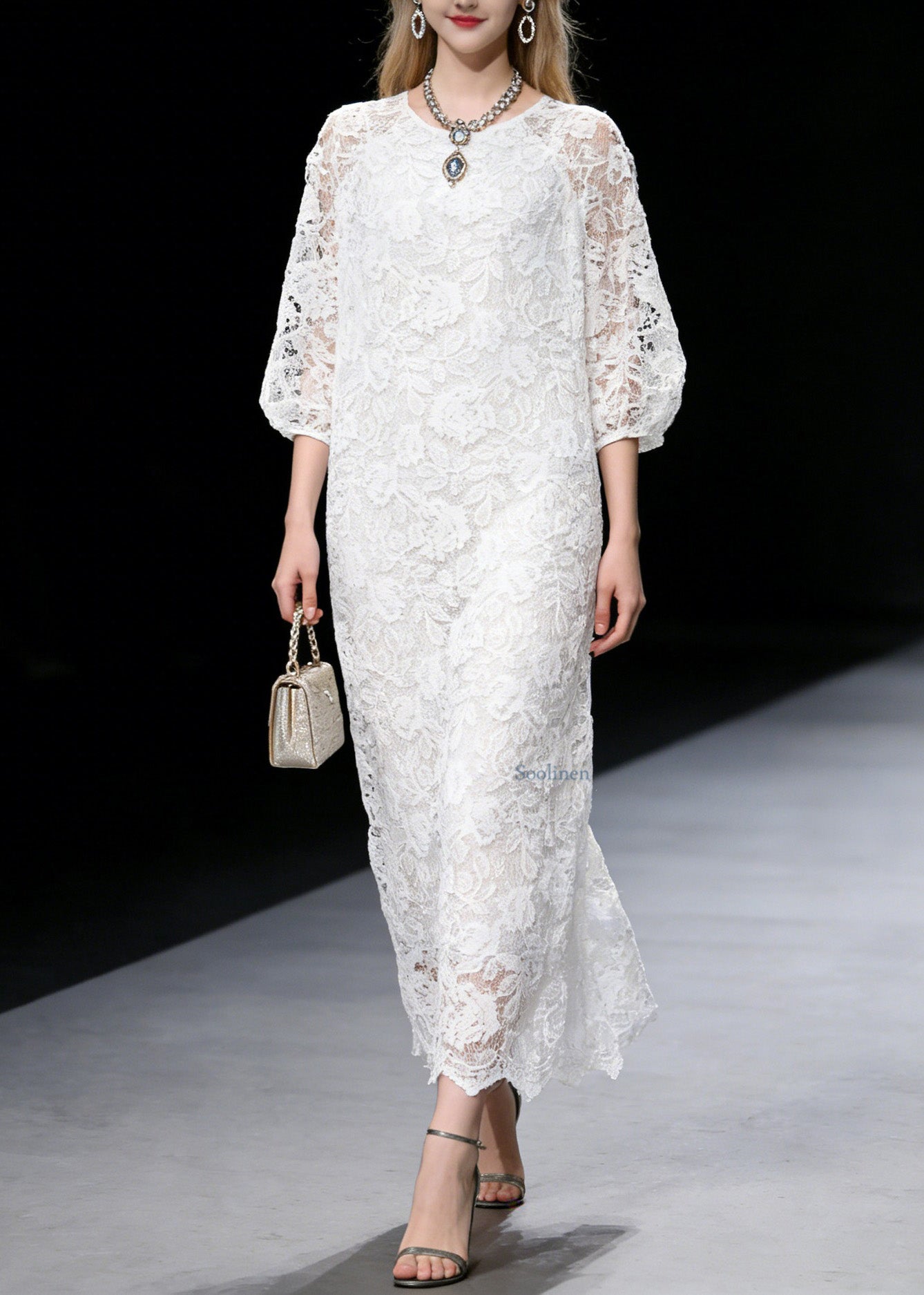 French White O Neck Hollow Out Lace Long Dress Summer