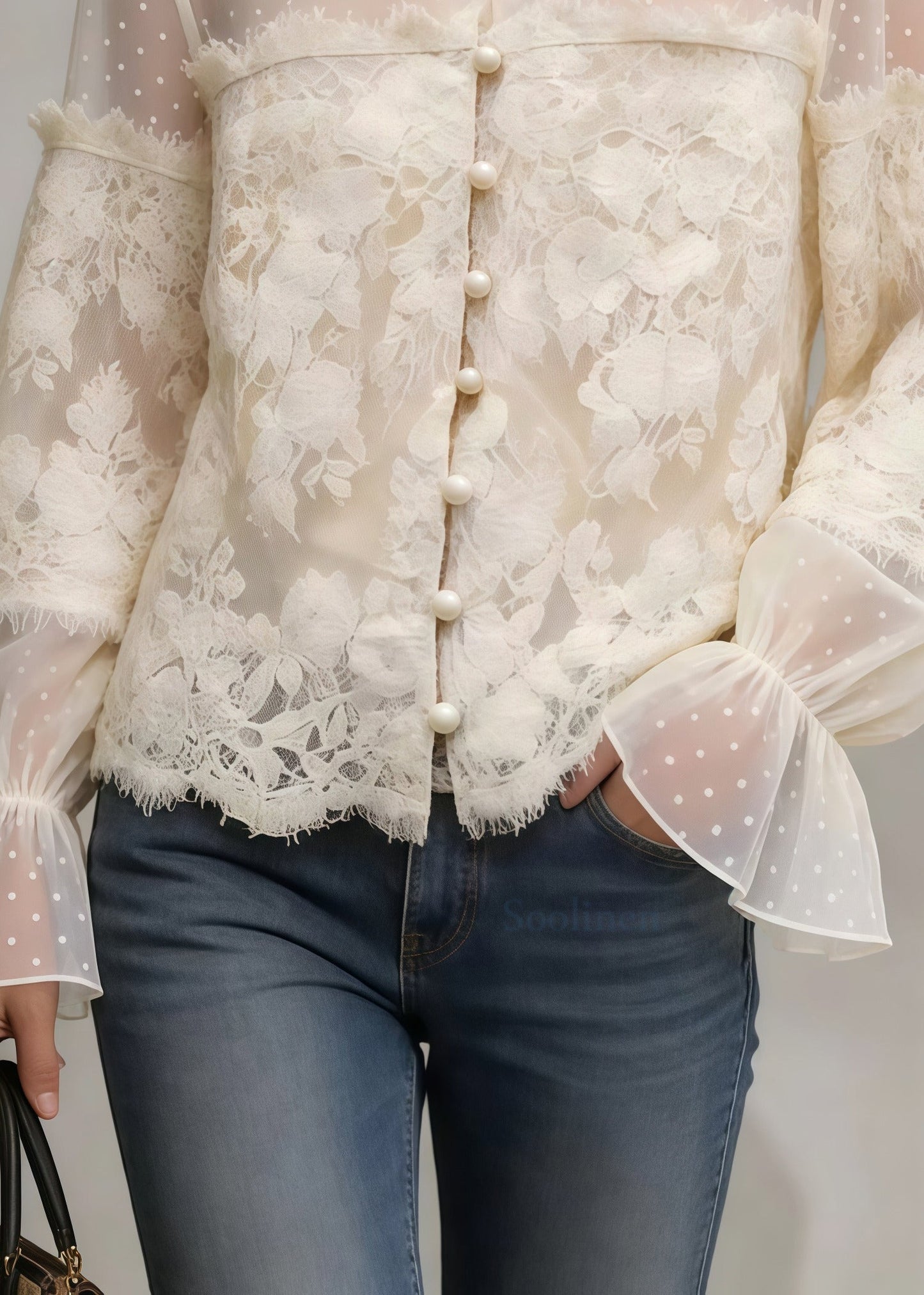 French White Ruffled Patchwork Lace Blouse Tops Spring