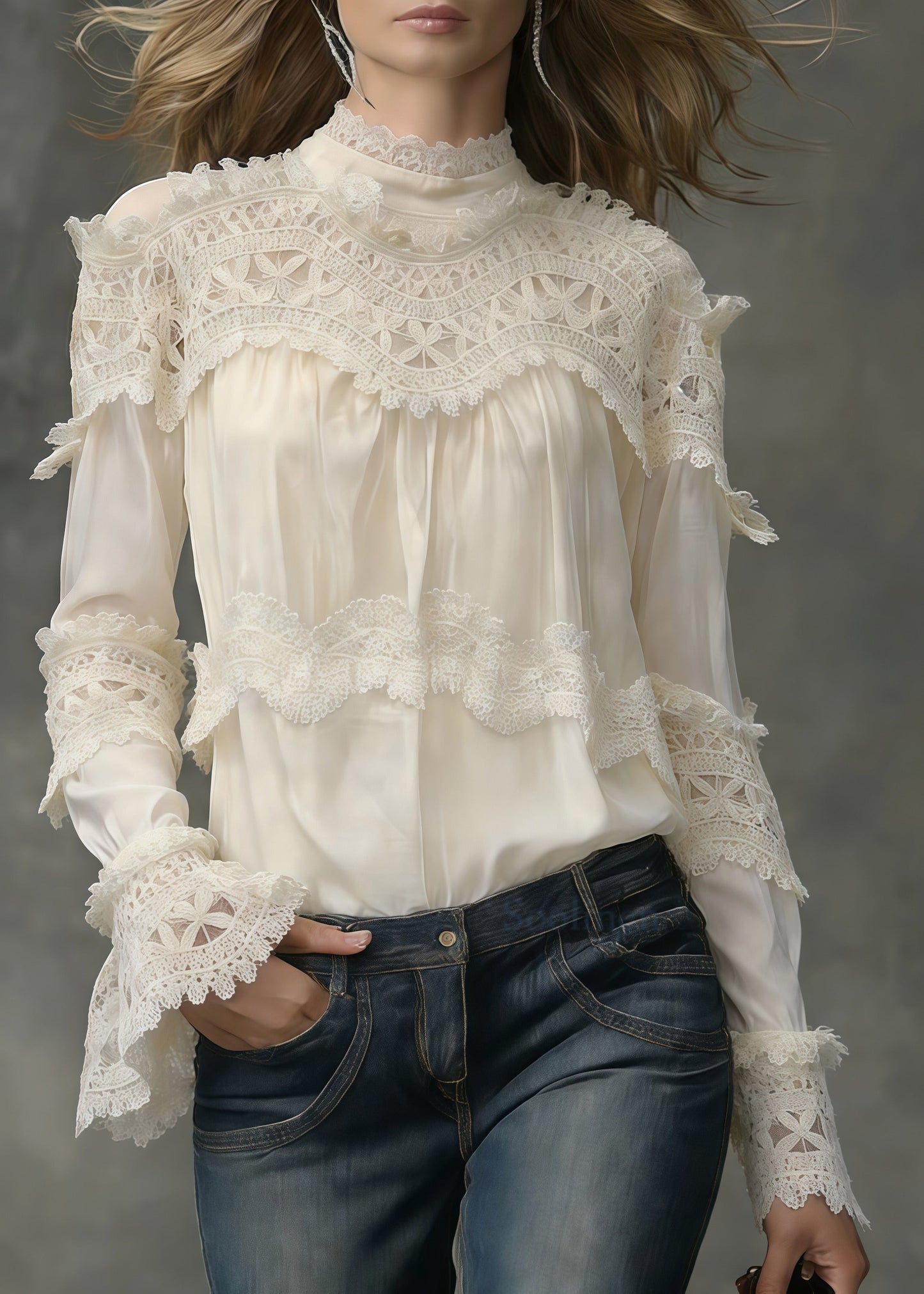French White Stand Collar Patchwork Lace Shirt Tops Spring