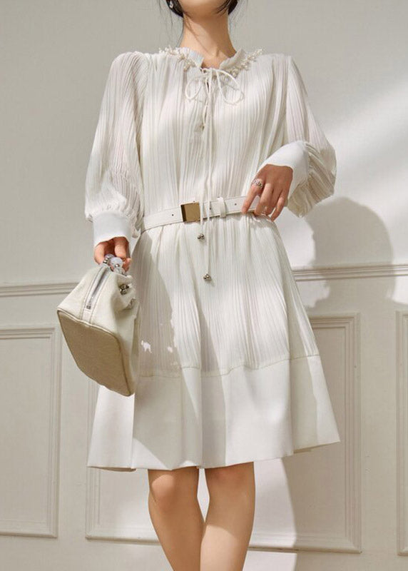 French White Stand Collar Pearl Sashe Long Dress Long Sleeve