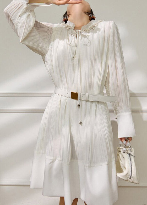 French White Stand Collar Pearl Sashe Long Dress Long Sleeve
