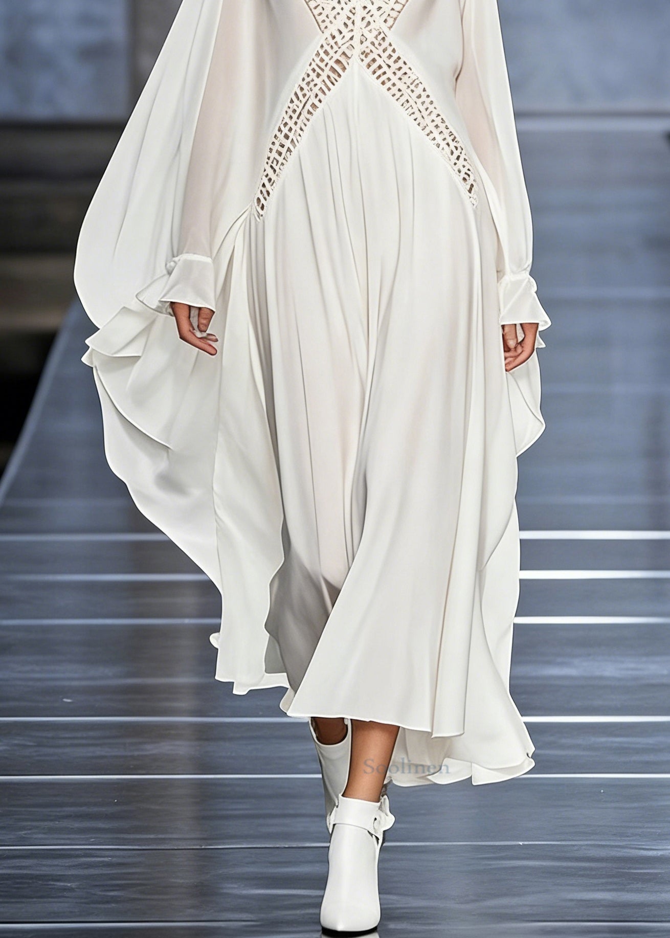 French White V Neck Hollow Out Chiffon Maxi Dresses Butterfly Sleeve